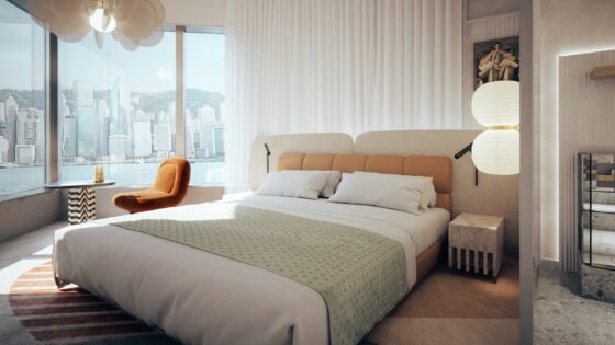 guestroom in Mondrian hotel in cream and neutral colours with view over Hong Kong harbour