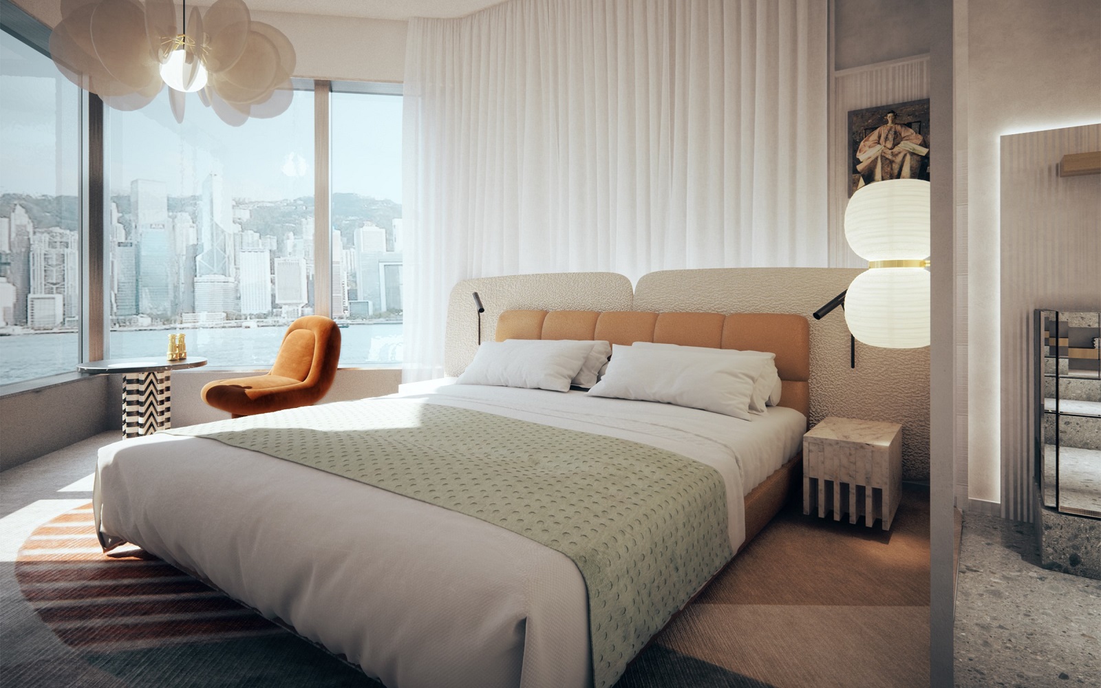 guestroom in Mondrian hotel in cream and neutral colours with view over Hong Kong harbour
