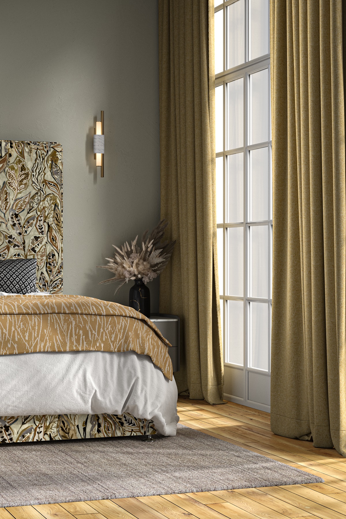 headboard covered in fabric inspired by nature with leaf design in a gold and grey bedroom scheme