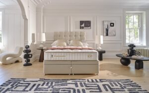 patterned black and cream carpet in front of sleepeezee bed and mattress in period room with contemporary furniture