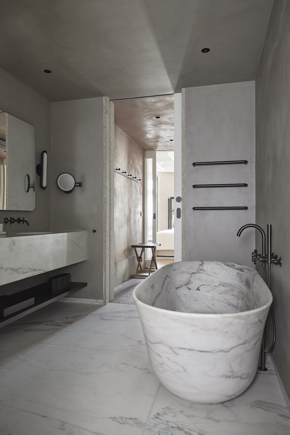 An industrial bathroom inside luxury hotel in Porto