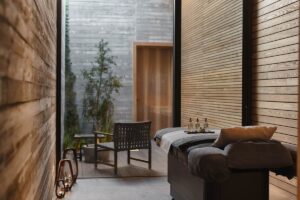 horizontal lines on wooden surfaces and concrete walls in zen-like spa space