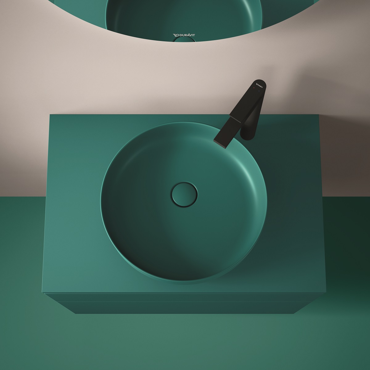view from above looking down on round forest green bathroom furniture and fittings from Duravit