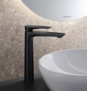 close up picture of matt black Tulum tap designed by Philippe Starck for Duravit