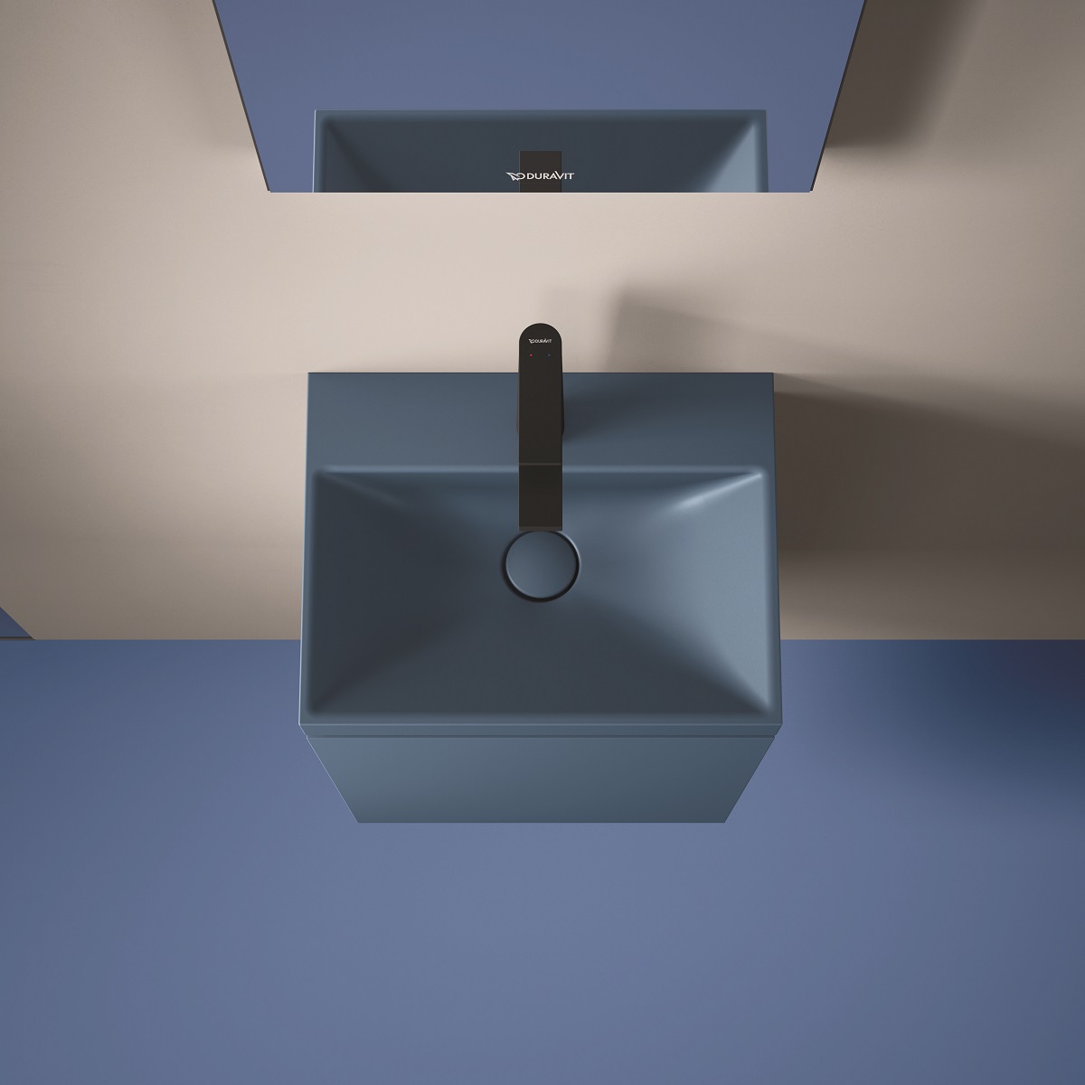 view from above of image of square blue vitrium bathroom fittings from duravit