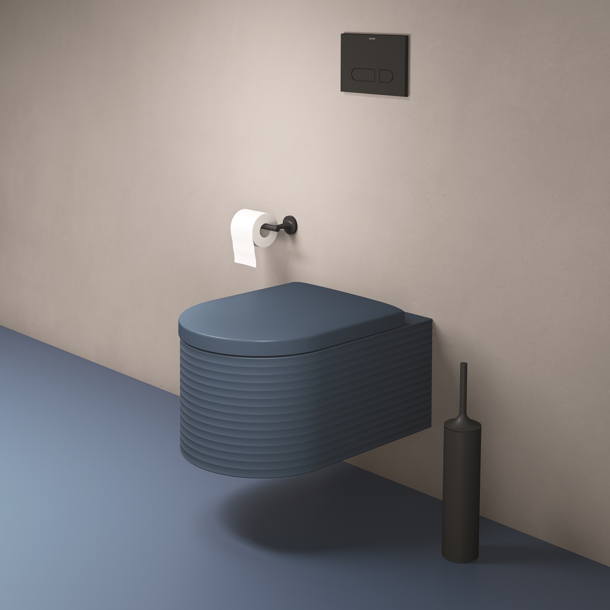 denim blue wall hung toilet with soft round edges with blue floor and pink wall
