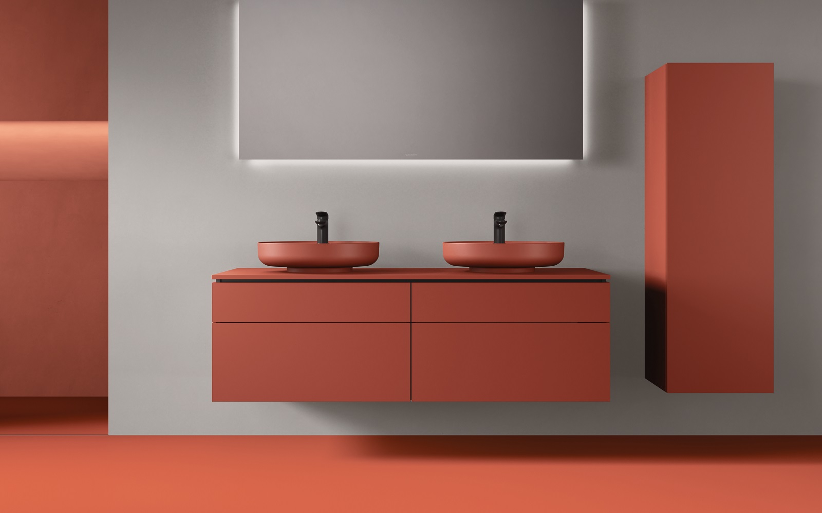 burnt orange bathroom furniture and handbasins in new colour range from Duravit