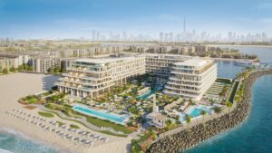aerial view of U-shaped resort building with pool and beach , Gran Meliá Dubai Jumeirah