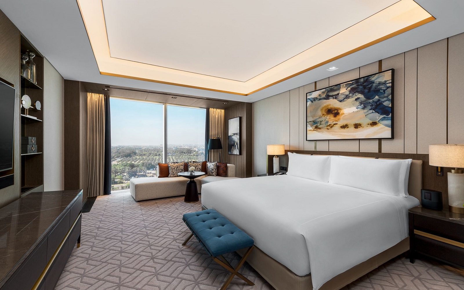 hotel guestroom with bedside table, headboard, bench and shelving from Wood Couture