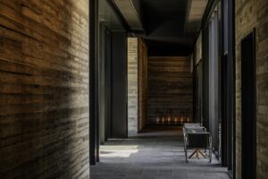 minimalist lobby space with natural surfaces in interior by Woods Bagot