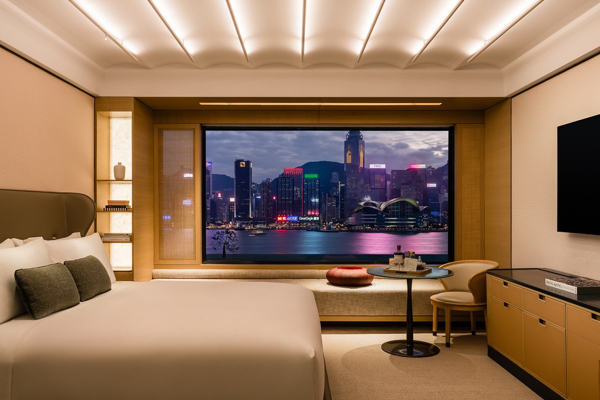 A panoramic view of Victoria Harbour from Regent Hong Kong bedroom