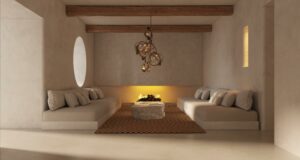 cream plaster walls and built in seating in cream in front of minimalist fireplace