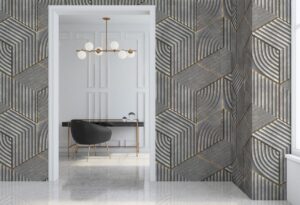 industrial metal pattern on wallcovering around doorway entrance into an office