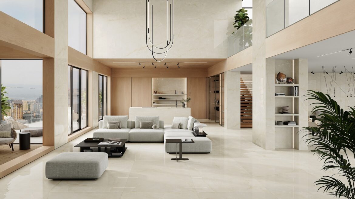 double volume contemporary space in cream Marvel Onyx tiles from Atlas Concorde and glass surfaces