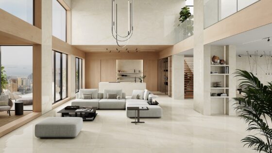double volume contemporary space in cream Marvel Onyx tiles from Atlas Concorde and glass surfaces