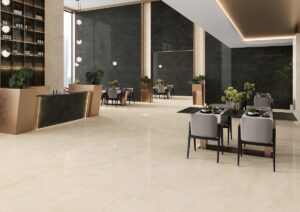 restaurant with cream stone effect marvel onyx tiled floor contrasting with darker brown colour o wall surfaces