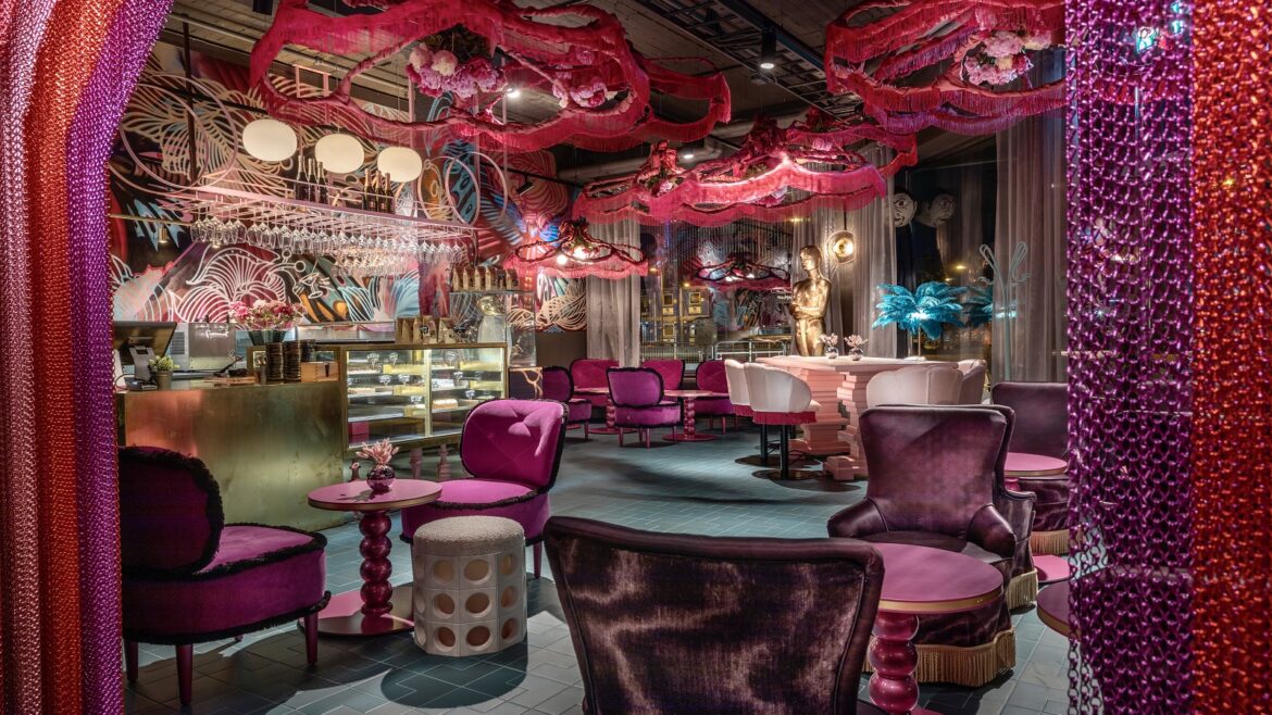 pink and purple theatrical interior at hotel Draken