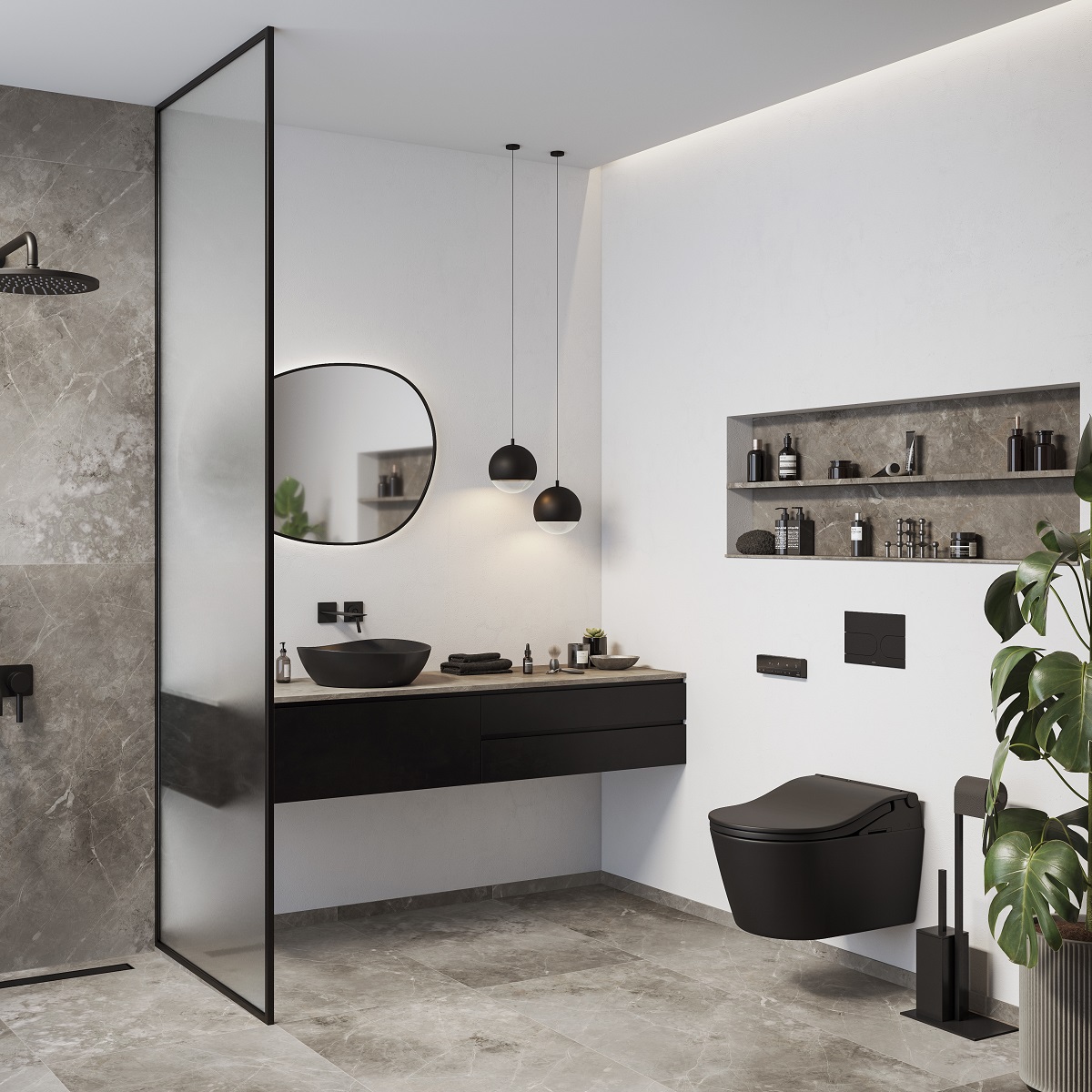matt black TOTO washlet toilet with matt black bathroom accessories