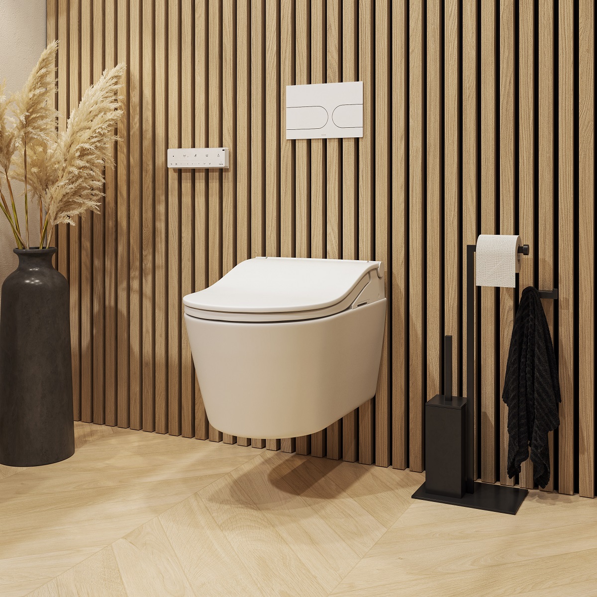 white toto washlet toilet on wood panelled wall