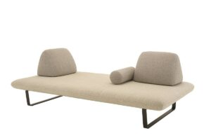 cream outdoor Murtoli sofa with metal frame and three bolster cushions