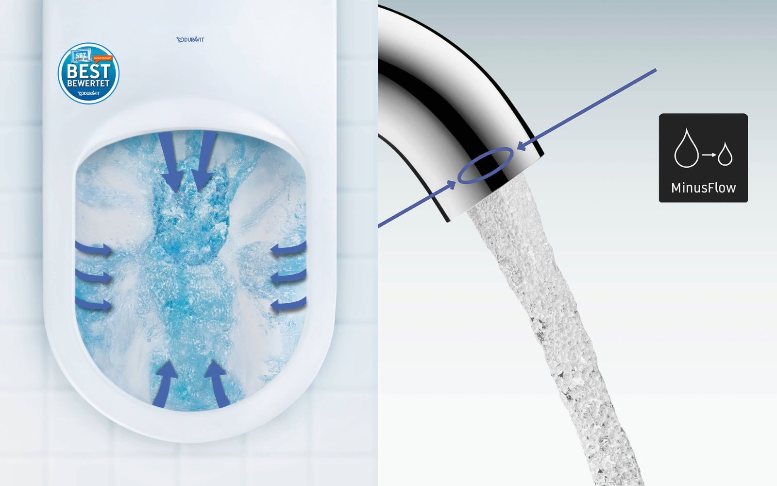 Duravit main image - rimless toilet graphic and flowing water