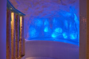 blue atmospheric lighting in spa ice cave