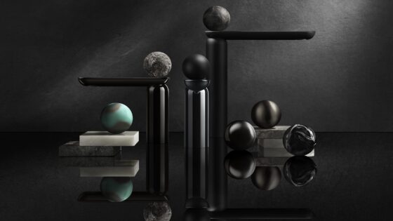 Gessi Perle collection with black background and blue highlights