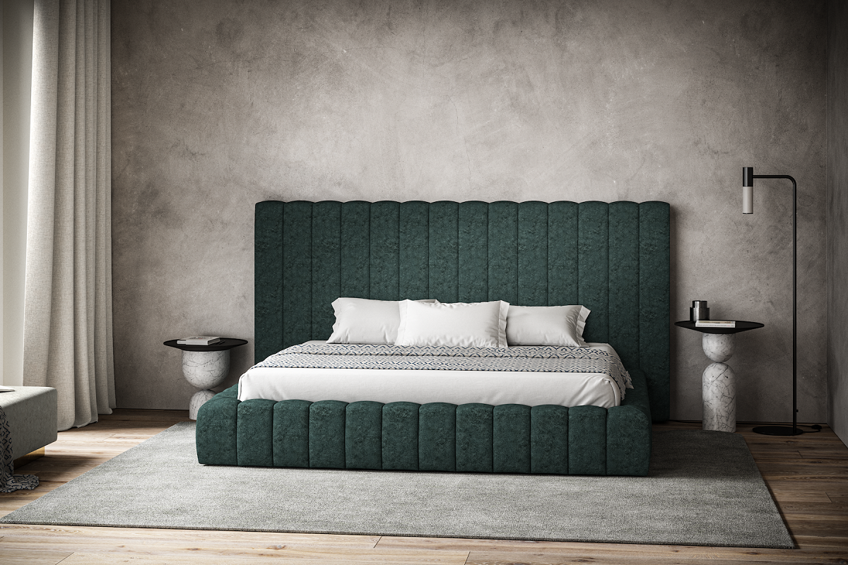 A render of a large luxury bed in grey, concrete room