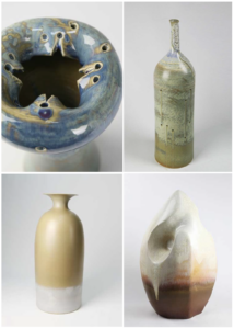 4 different shapes and coloured glazes of ceramic vessels