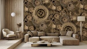 lounge setting with cream modular seating in front of wallcovering in natural colours featuring oversized cogs and wheels