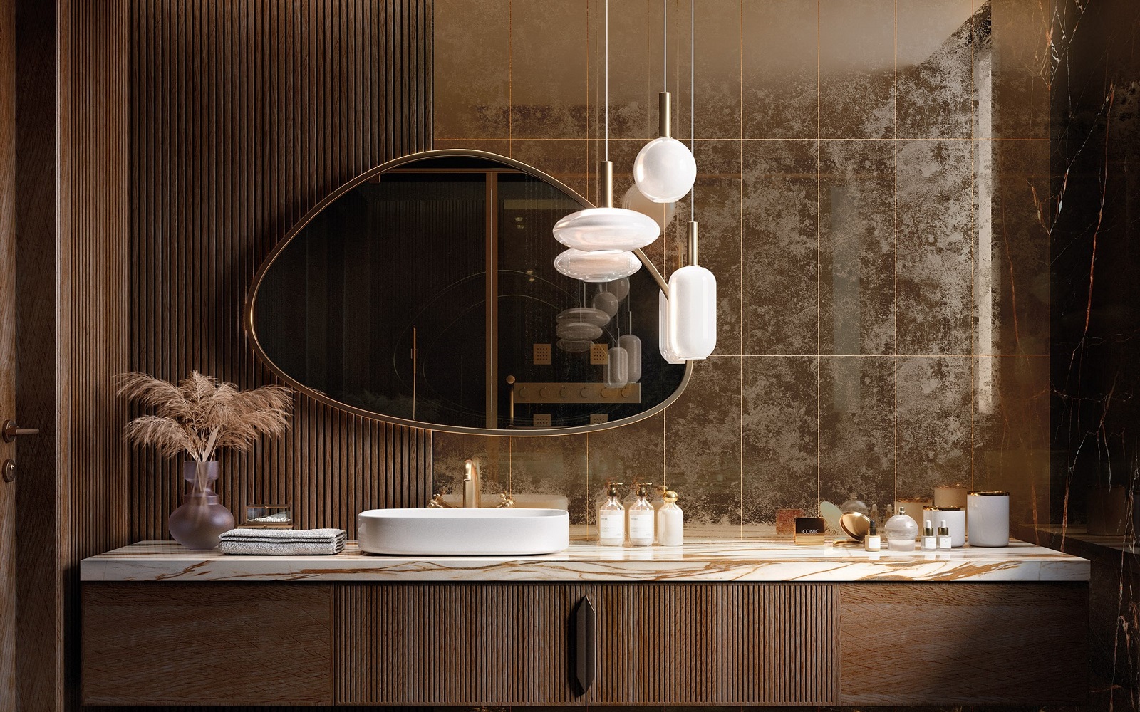 reflective gold tiles behind bathroom vanity and mirror