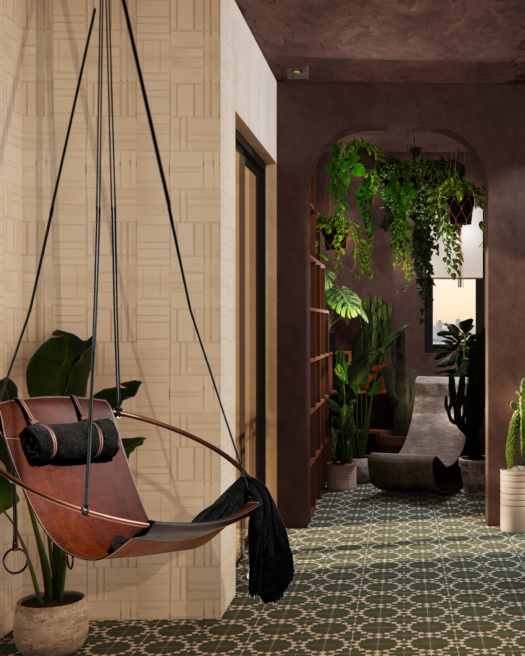 hanging chair in tiled corridor between spaces in a restaurant