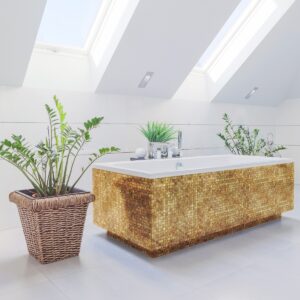 white bathroom with gold mosaic bath exterior