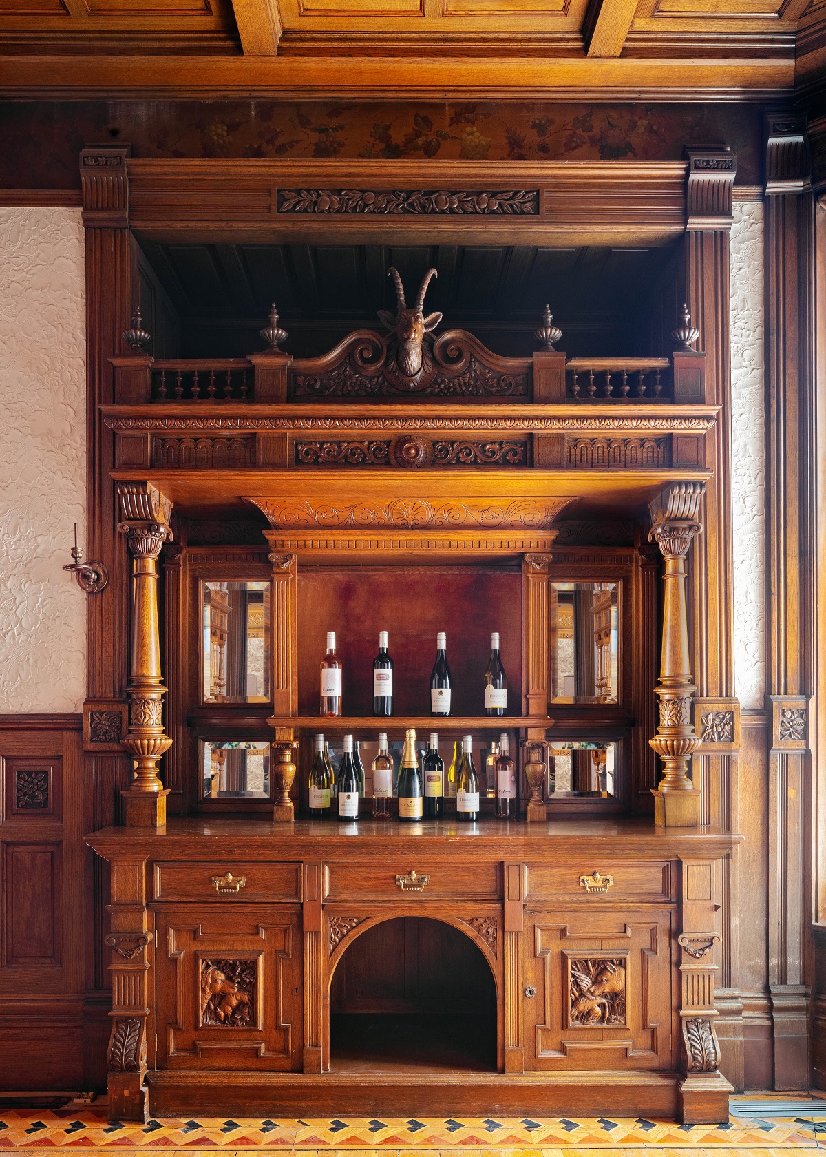 period detail of wooden bar and mantel piece for period Denver boutique hotel
