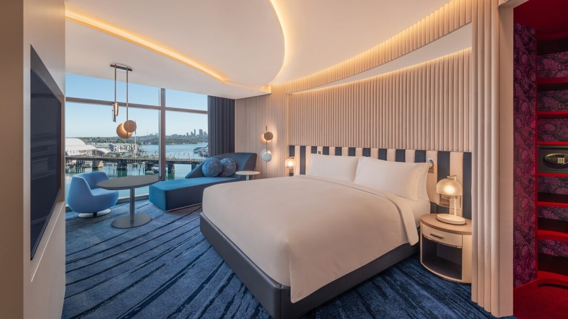 king guestroom at W sydney with sweeping view across the harbour