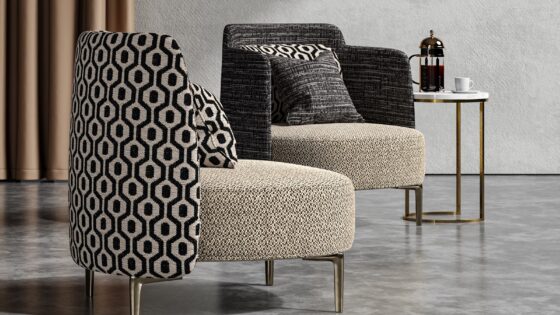 geometric black and white fabric design from Sekers on upholstered chairs