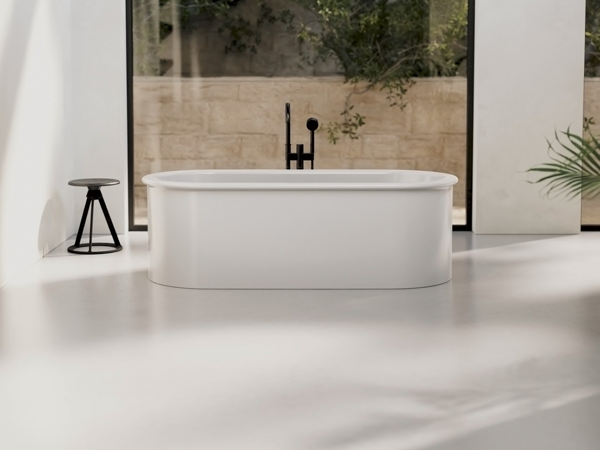 Petasuno Freestanding White Bathroom Design in the middle of a white bathroom in front of a floor-to-ceiling window