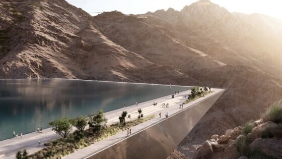 artists impression of futuristic suspended pool in mountain setting of proposed Marriott hotel in Neom Trojena