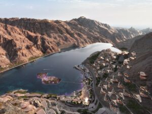 aerial view of mountain lake with proposed Marriott international development as part of Neom