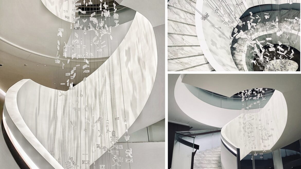 black and white image collage showing glass art installation over stair well by Zhengyin art