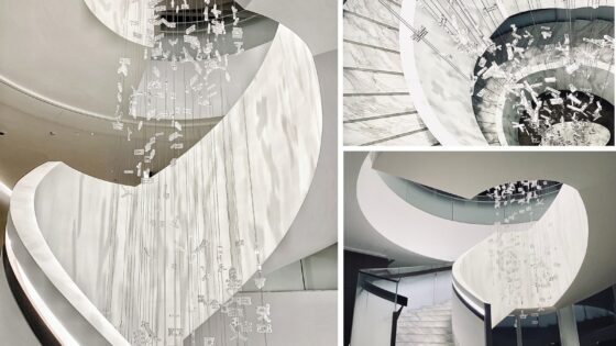 black and white image collage showing glass art installation over stair well by Zhengyin art