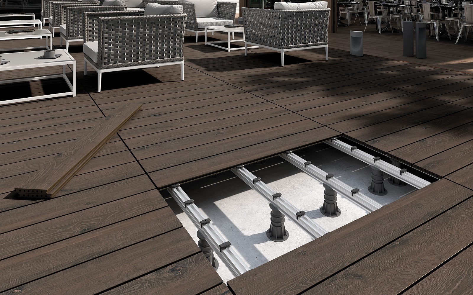 deck with furniture and decking with exposed section showing raised access