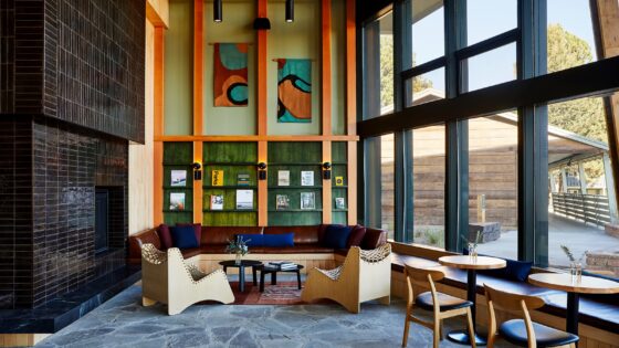 tiled and glass surfaces with wooden chairs in Trailborn lobby