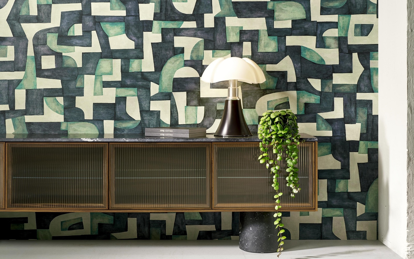 abstract design on wallcovering in brown and green by Arte