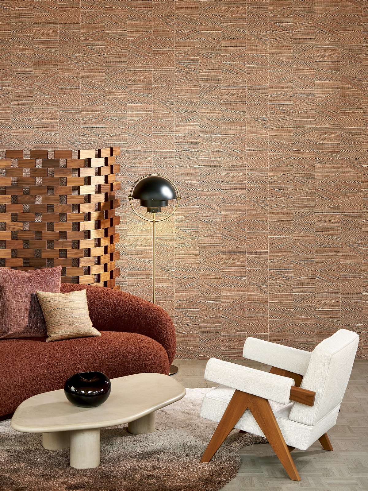organic contemporary furniture in wood and natural colours in front of textured wallcovering by arte