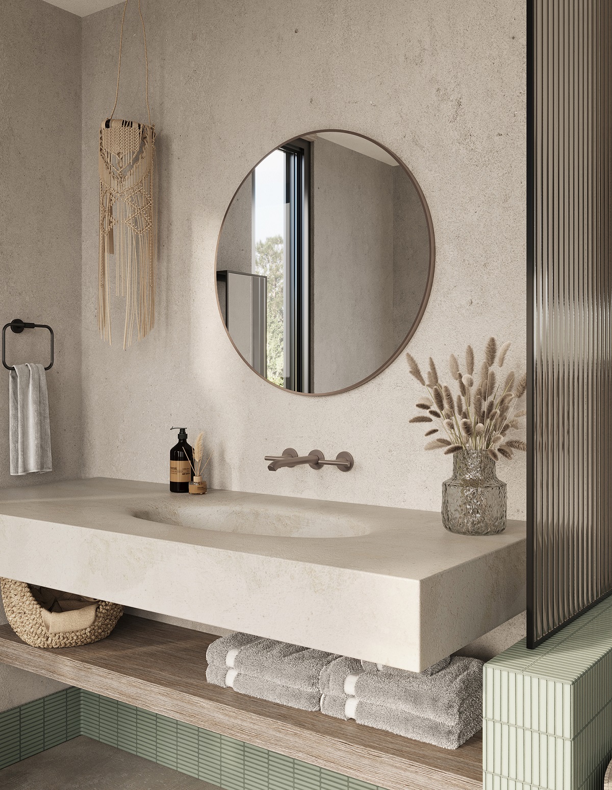 natural stone coloured bathroom with round mirror, dried flowers and macrame