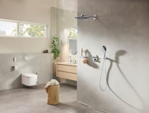 cream, white and wood bathroom with GROHE smartcontrol shower