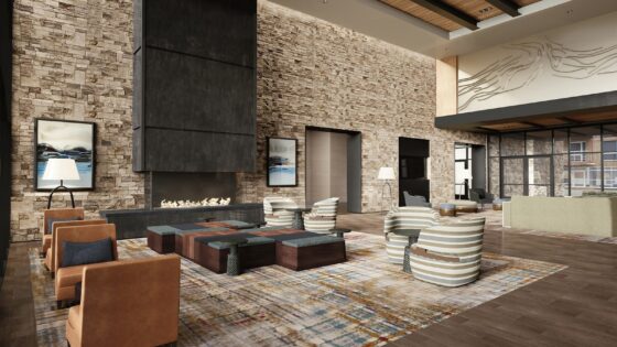 render of Grand Hyatt Deer Valley lobby with chairs surrounding fireplace