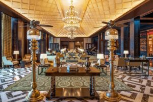 gold ceiling, marble floor and historical Egyptian references in the narrative in the St Regis