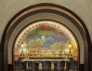 arch and painted mural behind hotel bar in the St Regis hotel Cairo